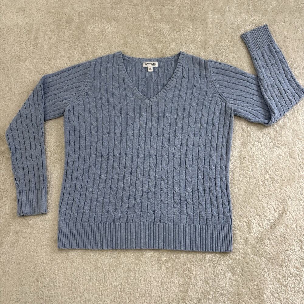 St Johns Bay Womens XL Light Blue Cable Knit V Neck Cotton Blend Sweater